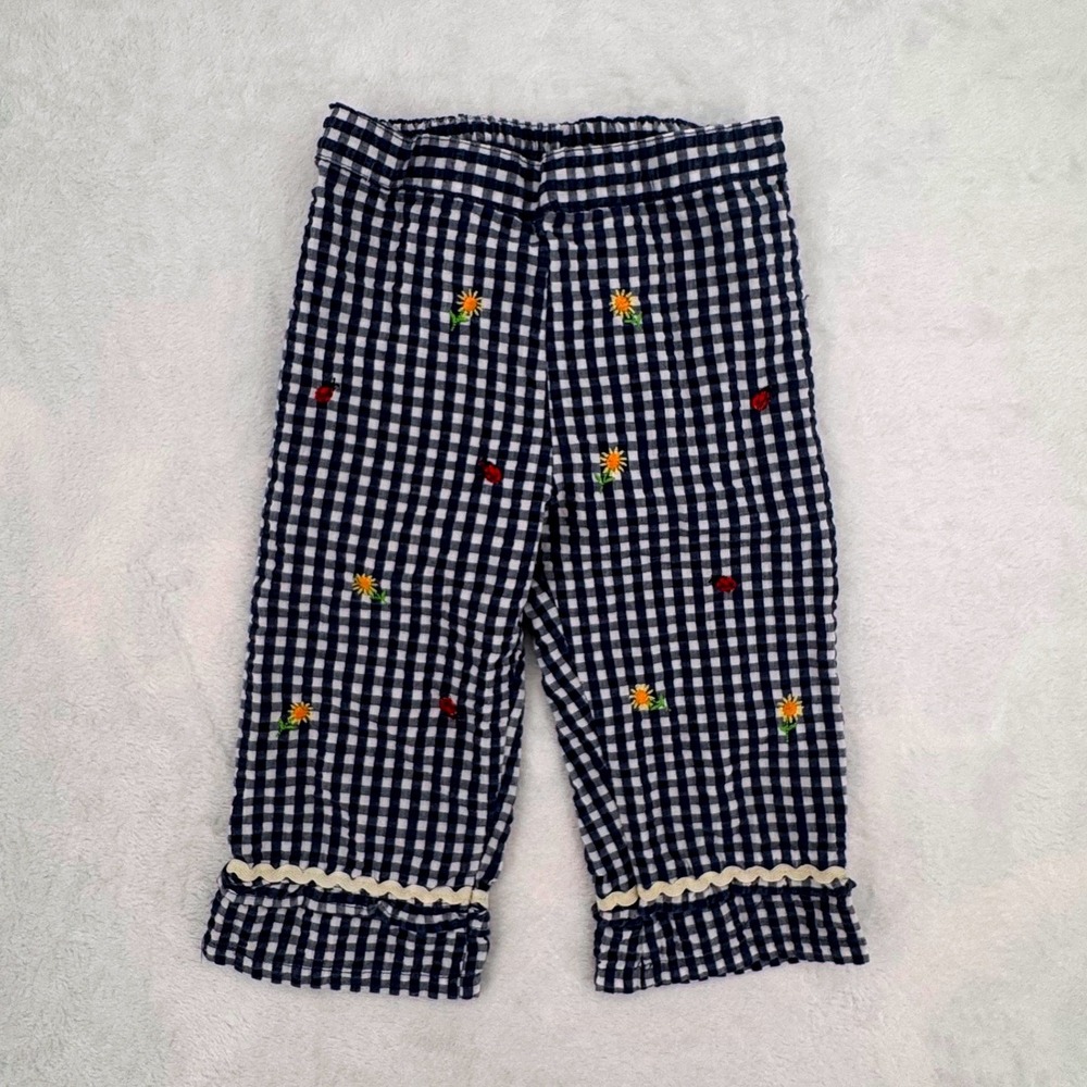 Vintage 2000s Sesame Street 4T Navy Gingham Pants Embroidered Floral Ruffle Trim
